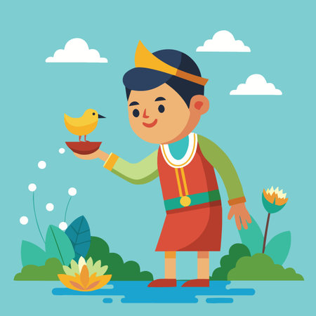 A whimsical illustration of a young prince in traditional red and gold attire holding a small yellow bird by a pond.のイラスト素材