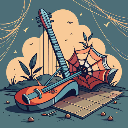 A surreal illustration featuring a red stringed instrument leaning against a cobweb umbrella in a sunset field.のイラスト素材