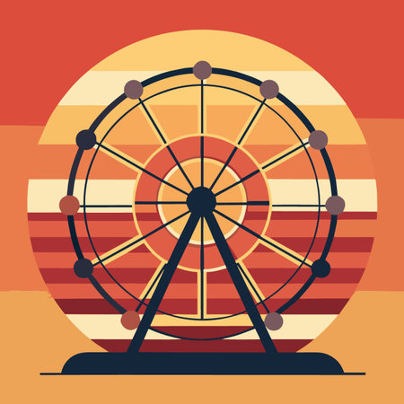 A clean and modern graphic of a large Ferris wheel with a bold circular sun motif in the background.のイラスト素材