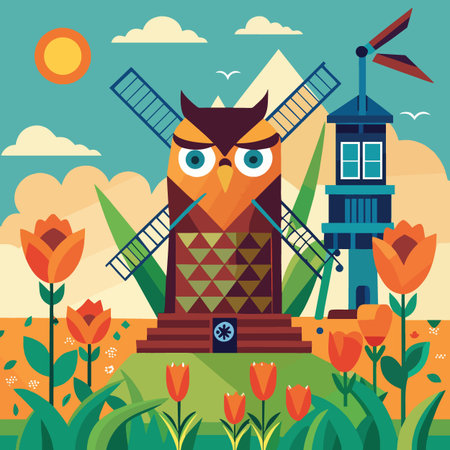 A whimsical owl shaped like a windmill standing in a tulip field with a blue sky and distant tower.のイラスト素材