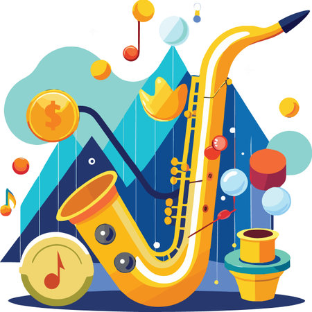 A stylized saxophone surrounded by musical notes and abstract geometric shapes in a clean flat design style.のイラスト素材