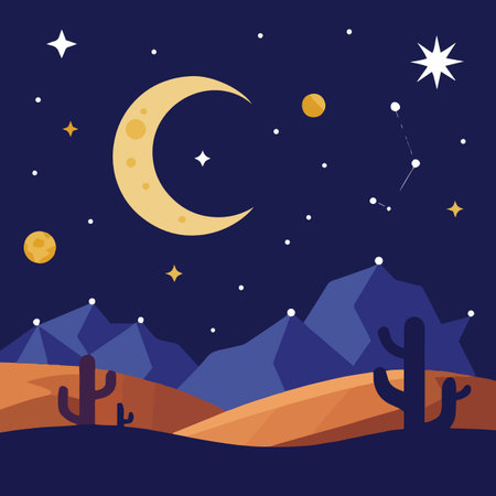 A decorative vector illustration of a moonlit desert with cacti and a starry night sky.のイラスト素材