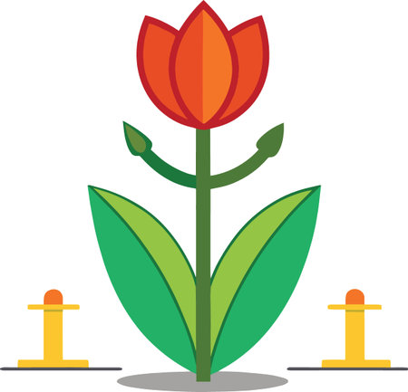A clean flat vector icon of a red tulip flower with symmetrical green leaves and yellow accents.のイラスト素材