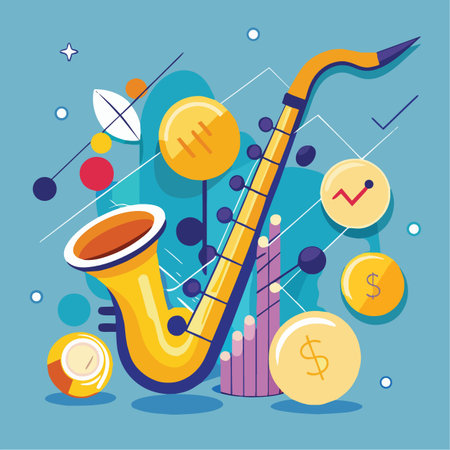 A vibrant vector illustration blending a golden saxophone with financial symbols like dollar coins and growth charts.のイラスト素材
