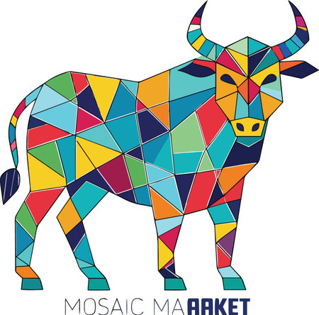 A stylized bull illustration composed of colorful geometric shapes and triangles with the text MOSAIC MAARKET underneath.のイラスト素材