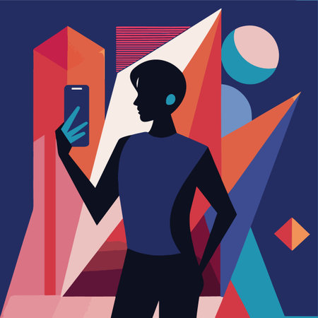 A geometric vector illustration of a person holding a smartphone against a background of sharp colorful shapes.のイラスト素材