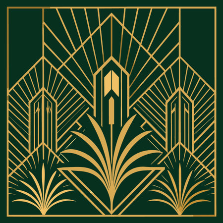 A sophisticated Art Deco vector illustration featuring golden geometric spires and fan-like palm motifs set against a deep emerald green background.のイラスト素材