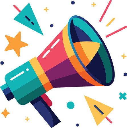 A vibrant flat-style vector illustration of a megaphone with geometric confetti and stars.のイラスト素材