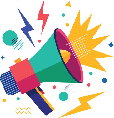 An energetic megaphone illustration featuring lightning bolts and explosive graphic elements in a retro-modern style.のイラスト素材