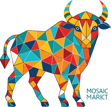 A powerful bull depicted in a vibrant multi-colored geometric mosaic style with the text MOSAIC MARICT at the bottom.のイラスト素材