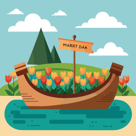A flat vector illustration of a wooden boat filled with red and yellow tulips floating on water with a sign that says MARRT DAA.のイラスト素材