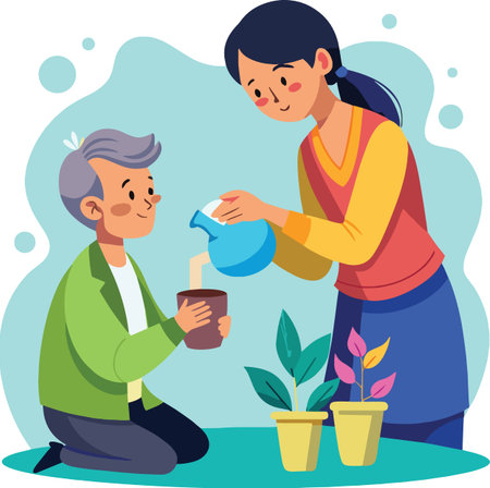 A heartwarming illustration of a young woman pouring a drink for an elderly man sitting near potted plants.のイラスト素材