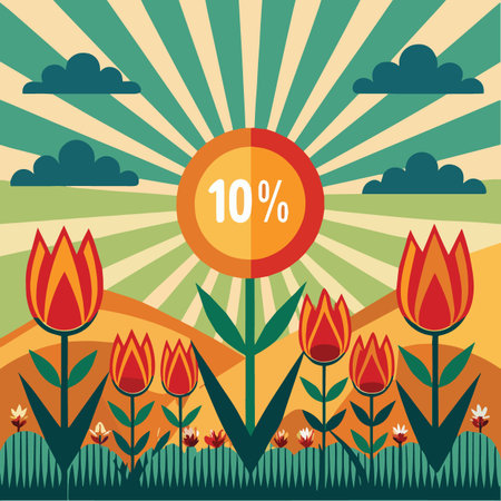 A vintage-inspired flat illustration of a tulip garden with a central sun icon displaying a 10 percent discount.のイラスト素材