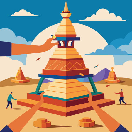 People working together to assemble or restore a large tiered religious monument under a bright sun.のイラスト素材
