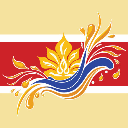 A vibrant vector design featuring a yellow flower integrated with blue and orange liquid splashes against a red and gold background.のイラスト素材