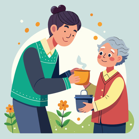 A kind illustration of a younger woman offering a hot drink and food to an elderly man in a garden.のイラスト素材