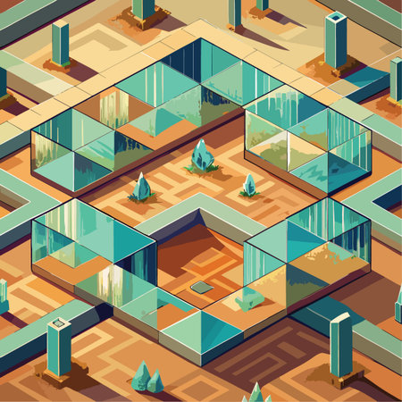 An intricate isometric 3D illustration of a glass-walled maze with teal pillars and desert tones.のイラスト素材