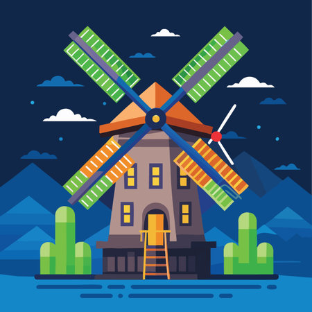 A geometric flat illustration of a traditional windmill under a starry night sky with mountains.のイラスト素材