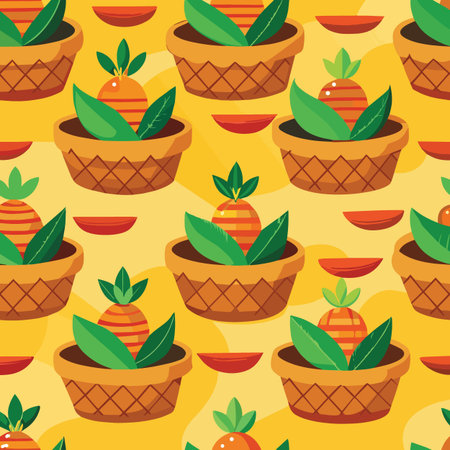 A warm yellow seamless pattern featuring stylized woven pots with orange fruits and green leaves.のイラスト素材