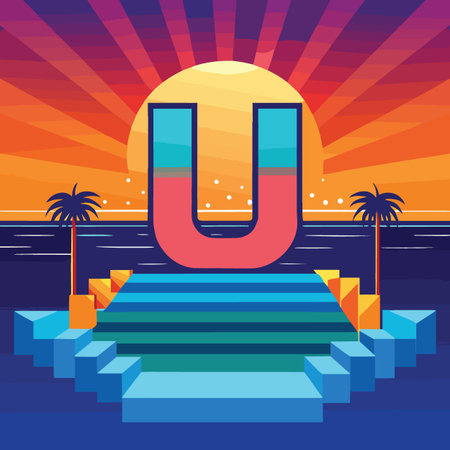 A vibrant flat vector illustration of a stylized letter U set against a tropical sunset beach with palm trees and geometric steps in a 1980s synthwave aesthetic.のイラスト素材