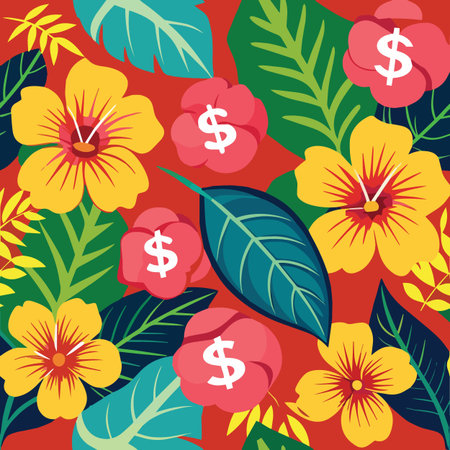 A vibrant seamless tropical pattern with flowers and leaves featuring dollar signs on a red background.のイラスト素材