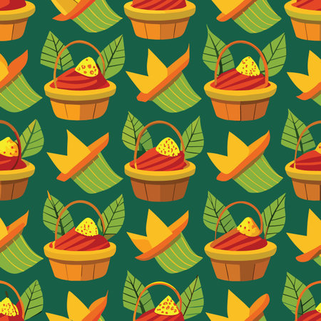 A vibrant pattern of woven baskets filled with red contents and yellow pointed hats on a green background.のイラスト素材