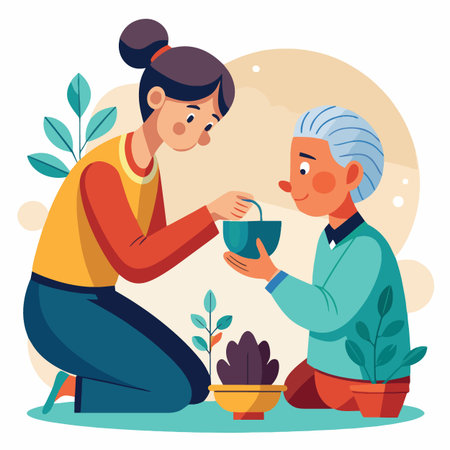 A young woman and a small boy kneeling on the ground while planting small sprouts in pots.のイラスト素材