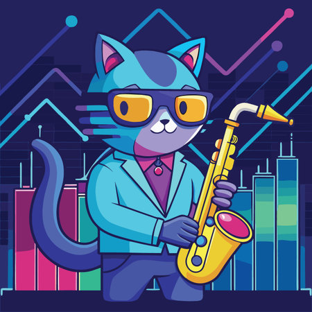A cool blue cat wearing sunglasses and a suit playing a saxophone against a synthwave background.のイラスト素材