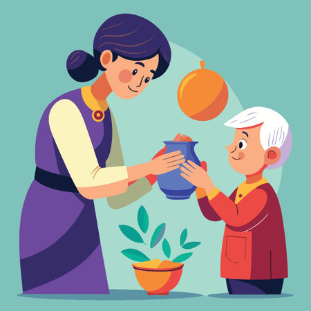 An illustration of a woman in purple traditional attire showing a blue pitcher to a young boy.のイラスト素材