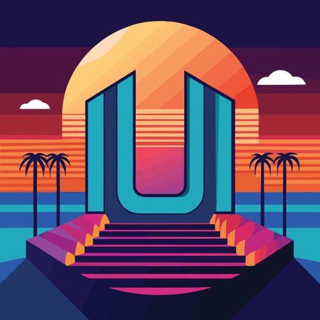 A retro-futuristic beach scene with a large blue U structure against a striped sunset and palm trees.のイラスト素材