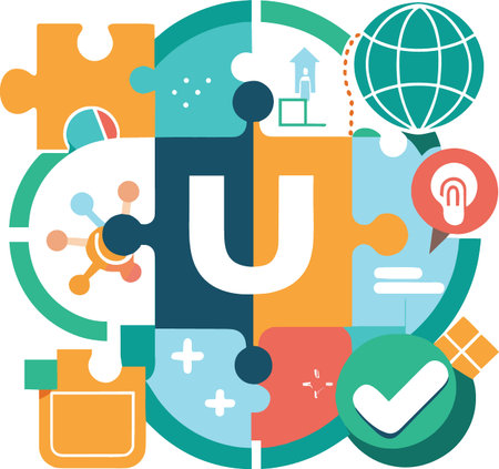 A complex colorful vector composition featuring puzzle pieces a globe a checkmark and the letter U.のイラスト素材
