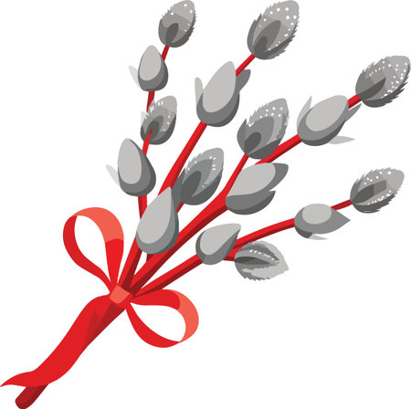 A graphic illustration of a bundle of pussy willow branches tied together with a shiny red bow.のイラスト素材