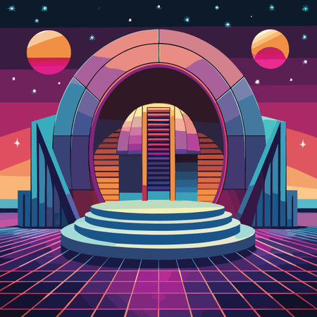 A stylized futuristic portal or observatory with a neon grid floor and cosmic elements in a retro-future style.のイラスト素材