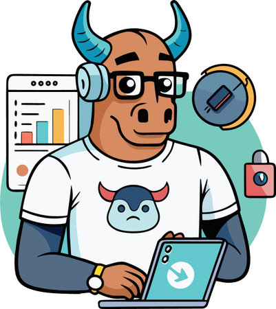 An anthropomorphic bull character works on a laptop wearing headphones and glasses representing modern technology high quality professionalのイラスト素材