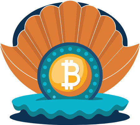 A vibrant illustration depicts an open seashell cradling a golden bitcoin symbol within a blue circular frameのイラスト素材
