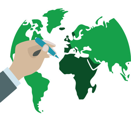 A hand holds a pen poised over a stylized green globe representing global strategy and connection high qualityのイラスト素材