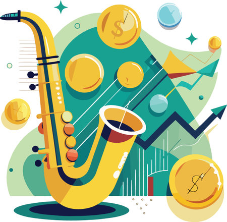 A vibrant illustration depicts a golden saxophone alongside floating coins charts and arrows representing financial growth high qualityのイラスト素材