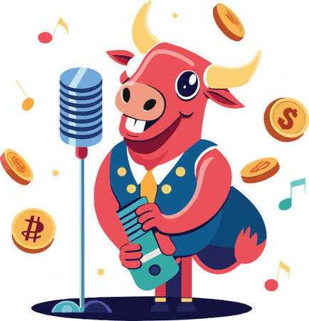 A cheerful red bull character sings into a vintage microphone surrounded by falling coins and musical notesのイラスト素材