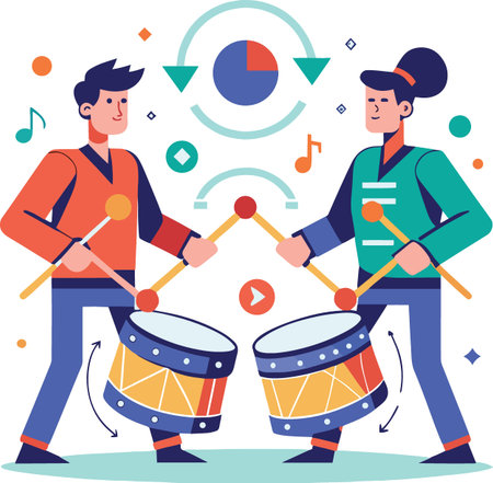 Two musicians joyfully play large drums together surrounded by musical notes and abstract graphic elements high quality professionalのイラスト素材