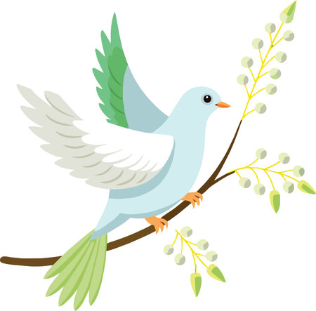 A light blue dove with white tipped wings is perched on a blossoming branch symbolizing peace high qualityのイラスト素材