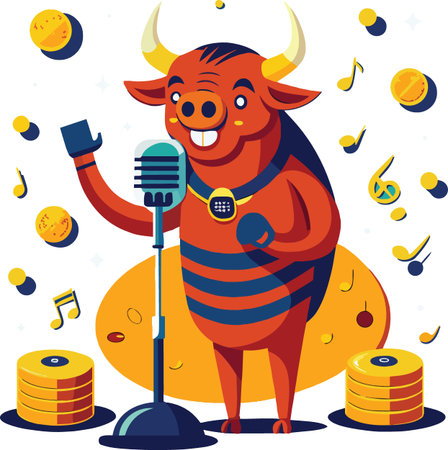 A cartoon bull with large horns cheerfully sings into a vintage microphone surrounded by musical notes and coinsのイラスト素材