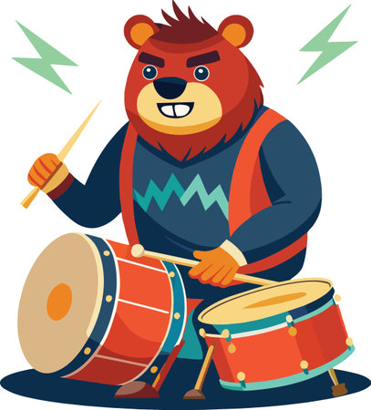 A cartoon bear energetically plays a red drum set with lightning bolts emphasizing its musical power high qualityのイラスト素材