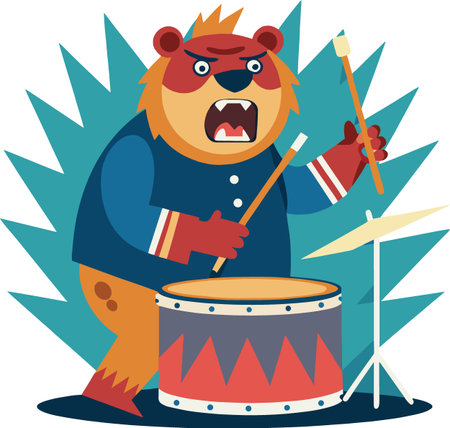 A fierce bear lion hybrid energetically plays the drums with a determined expression and vibrant background high qualityのイラスト素材