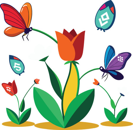 A vibrant illustration depicts colorful butterflies fluttering around a blooming tulip and smaller floral buds high quality professionalのイラスト素材