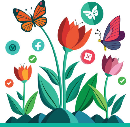 A vibrant illustration depicts colorful butterflies fluttering around blooming tulips and various social media icons high quality professionalのイラスト素材