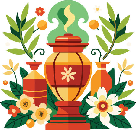 A vibrant illustration depicts a traditional clay pot surrounded by lush foliage and blossoming flowers high quality professionalのイラスト素材