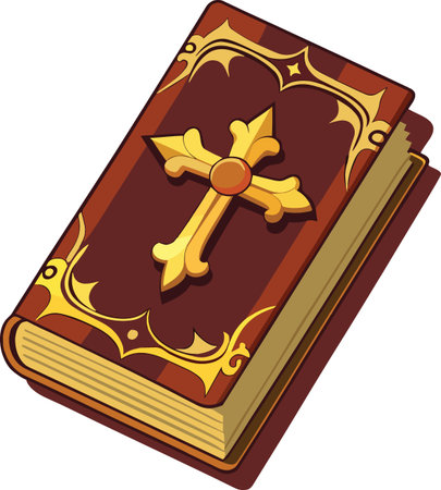 A detailed illustration of a closed ornate book featuring a golden cross on its burgundy cover high qualityのイラスト素材