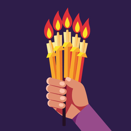 A hand firmly grasps a bundle of brightly lit stylized candles with flames illuminating the dark purple backgroundのイラスト素材