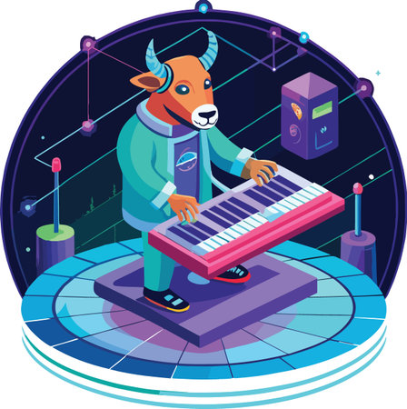 A vibrant illustration depicts a bull with a human body expertly playing a pink electronic keyboard on a stageのイラスト素材