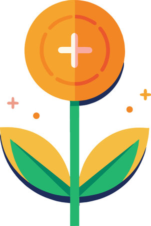 A vibrant illustration depicts a stylized flower with a coin as the blossom symbolizing growth and financial prosperityのイラスト素材